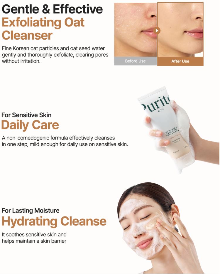 PURITO SEOUL Oat-In Gentle Exfoliating Face Cleanser 150 ml – Mild Daily Cleanser for Sensitive Skin